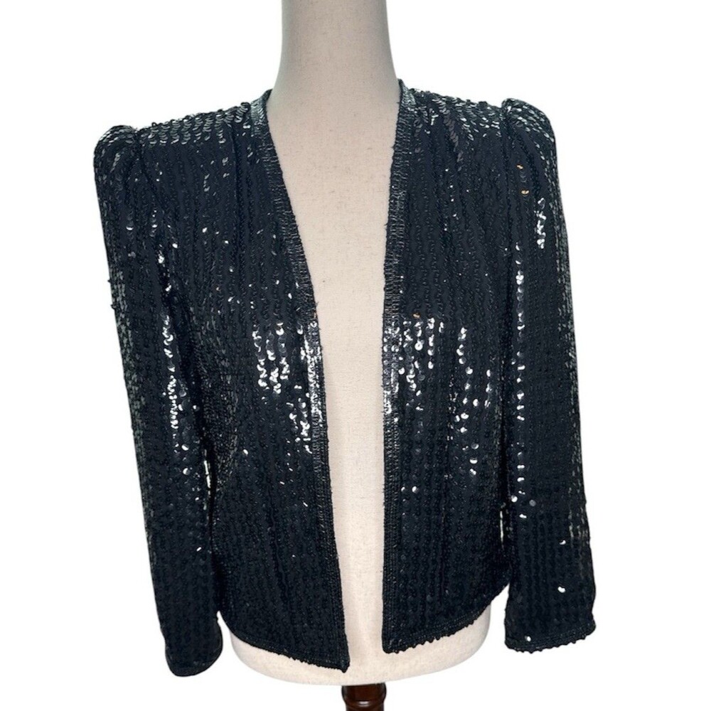 Vintage Lilli Diamond Black Sequin Cropped Bolero Evening Jacket Blazer Small